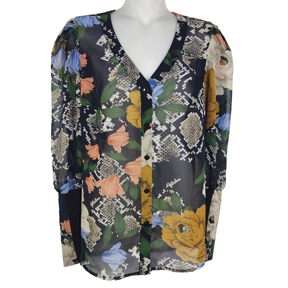 CABI Blouse Small Snake Charmer Black Floral Print Long Sleeve Sheer Button 3762